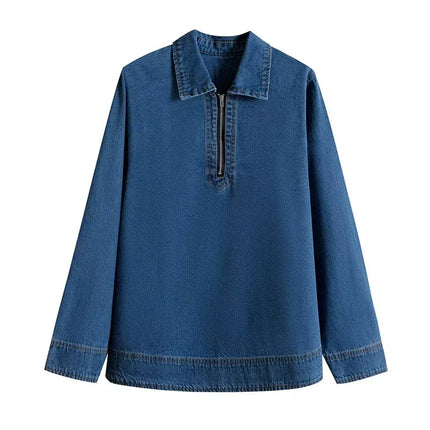 Casual Women's Polo Collar Denim Jacket Loose Long Sleeve Zipper Female Pullovers 2025 Spring Lady Fashion All-match Outwear