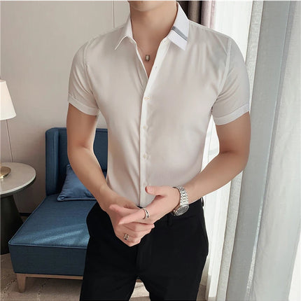 Summer High Quality Striped Ribbon Short Sleeve Shirt Men's Slim Fit Business Formal Wear Blouse Streetwear Plus Size 4XL-M