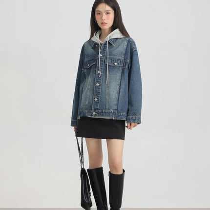 Women Retro Washed Denim Jacket Spring 2025 Oversized Drop Shoulder Loose Fit Casual Fashionable Lapel Collar Chic Jean Coat