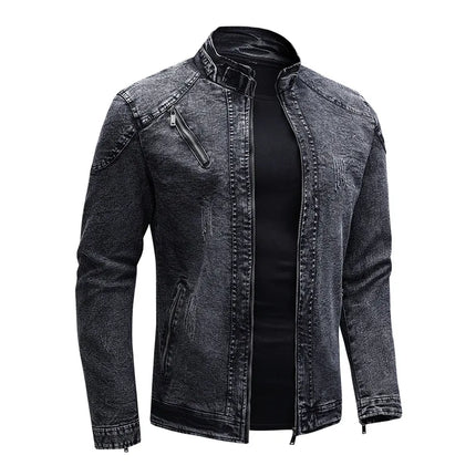 New Motorcycle Denim Jacket Men Retro Zippers Stand Collar Denim Coats Mens Cotton Slim Fit Denim Jacket Moto Biker Outerwear