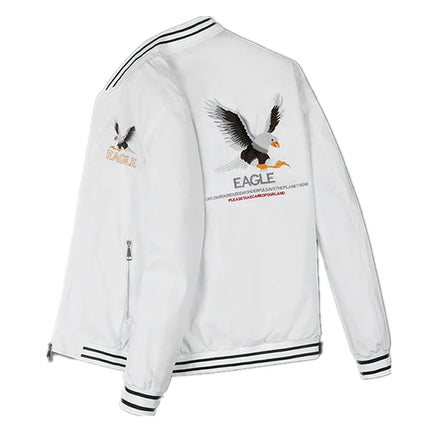 White Men's Embroidered Long Sleeve Jacket, Baseball Collar Casual Coat, Asian Size Black Blue Red Outerwear M-5XL