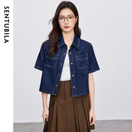 SENTUBILA Lyocell Denim Women Jackets 2025 Retro Fashion Short Streetwear Button Pockets Casual Female Outerwear W52W59414