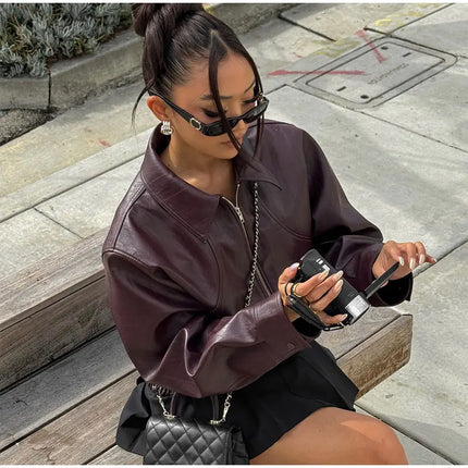 Women Red Wine Leather Short Jackets With Belt Vintage Turndown Collar Long Sleeve Coats 2024 Female Chic Streetwear Cardigan