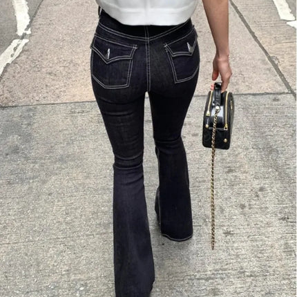 SHIAJIA Black Stretch Flare Jeans Women Pocket Streetwear Korean Chic Elastic Denim Pants Female Full Length High Waisted Jeans