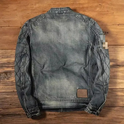 Luxury retro standing collar denim jacket for men's spring and autumn trendy brand loose oversized motorcycle jacket cotton