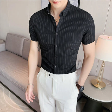 High Quality Pinstripe Casual Shirts  For Men 2024 Summer Slim Fit Business Social Elastic Social Party Shirt Plus Size 4XL-M