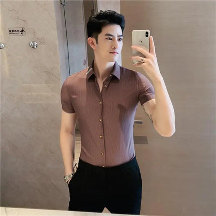 Summer High Quality Striped Ribbon Short Sleeve Shirt Men's Slim Fit Business Formal Wear Blouse Streetwear Plus Size 4XL-M