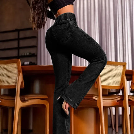Spring Women Causal Jeans Back Shirred Button Front High Waist Jeans Denim Flare Pants