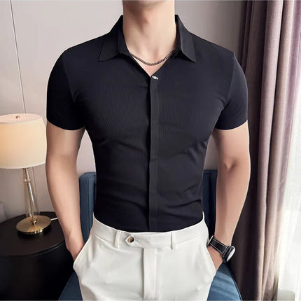 High Elasticity Men's Short Sleeve Shirt Summer Ice Silk Fashion Slim-Fit Business Anti-Wrinkle Shirt High Quality Tops 4XL-M