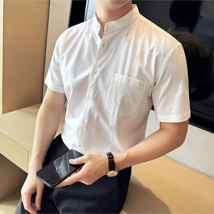 Summer New Chinese Style Linen Cotton Shirts Men's Standing Collar Short Sleeved Thin Breathable Shirt Tops Streetwear 4XL-M