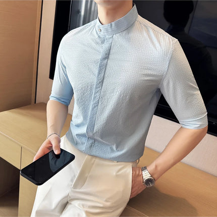 New Chinese Style Stand Up Collar Slim Fit Half Sleeved Shirts Men High Quality Striped Elegant Shirt Summer Social Party Dress
