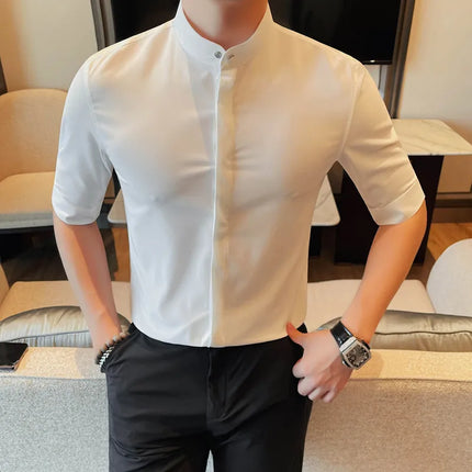 Summer New Standing Collar Half Sleeve Shirts For Men Invisible Button Up Design Slim Casual Business Social Shirt Club Outfits