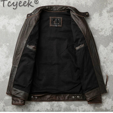 Tcyeek Genuine Leather Jacket for Men Top Layer Cowhide Coats Spring Autumn Vintage Leather Coat Mens Jackets Jaqueta Masculina