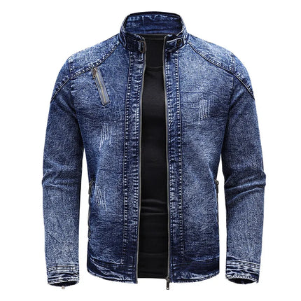 New Motorcycle Denim Jacket Men Retro Zippers Stand Collar Denim Coats Mens Cotton Slim Fit Denim Jacket Moto Biker Outerwear