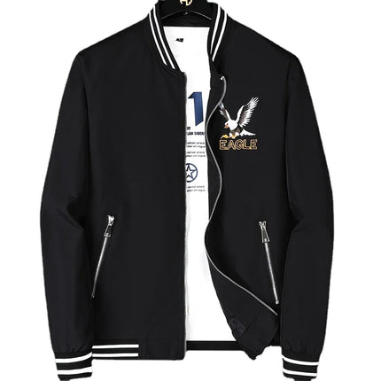 White Men's Embroidered Long Sleeve Jacket, Baseball Collar Casual Coat, Asian Size Black Blue Red Outerwear M-5XL