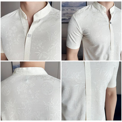 New Chinese Style Stand-up Collar Seamless Polo Shirts Summer Fashion Jacquard Short Sleeve Slim Elasticity Breathable T-shirt
