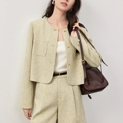 SENTUBILA Spring Women's Jackets 2025 Straight Cropped Office Lady Crewneck Long Sleeve Single Breasted Formal Coat 151W58771