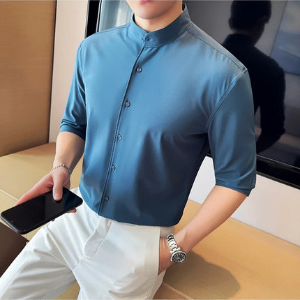 High Quality Chinese Style Stand Up Neck Shirt Men's Summer Mid Sleeved Slim Fit Casual Social Business Blouse Homme 4XL-M