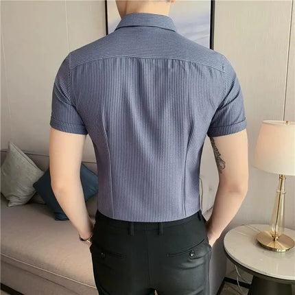 Summer High Quality Striped Ribbon Short Sleeve Shirt Men's Slim Fit Business Formal Wear Blouse Streetwear Plus Size 4XL-M