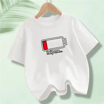 Battery Energy Low Help Me Printed T-Shirt For Boys Harajuku Funny T Shirt Kids Cotton Summer Tops Tee
