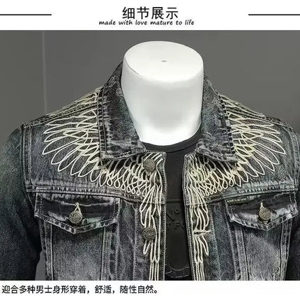 Y2K Retro Denim Jacket High Street Trendy Embroidered Lapel Motorcycle Jacket Loose Casual Fashion Versatile Men's Clothing