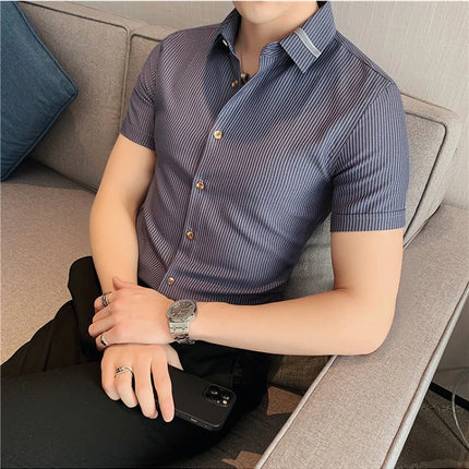 Summer High Quality Striped Ribbon Short Sleeve Shirt Men's Slim Fit Business Formal Wear Blouse Streetwear Plus Size 4XL-M