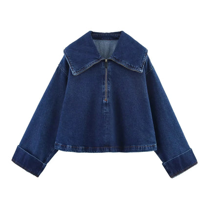 TRAFZA Vintage Casual Chic Women Cowboy Suit Zipper Loose Jackets Long Pockets Pants Fashion 2025 Spring Summer Denim Suits