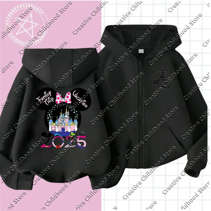 Fashion Disneyland Trip Clothes Caricature zipper Hoodie Children Top Cartoons Disney Kawaii 2025 Girl Clothes Boy Disney Kids