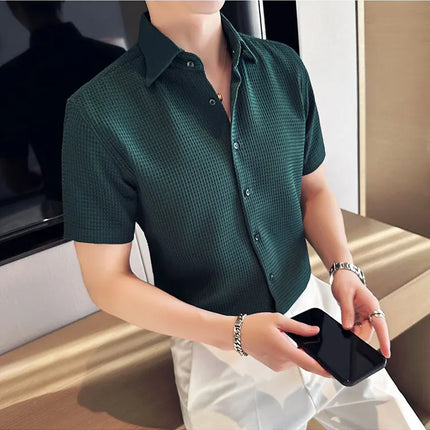 2023 Summer Waffle Short Sleeved Shirt Men Fashion Casual Solid Color Lapel Loose Shirt Male Korean Social Business Dress Blouse