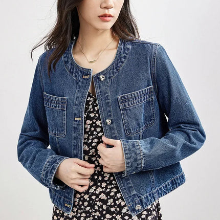 SENTUBILA Pure Cotton Denim Jacket Women 2025 Spring Autumn Outerwear Round Neck Pockets Cropped Jeans Coat Womans W41W53402