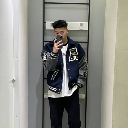 Men's Navy Blue Short Baseball Jacket Spring Autumn Embroidery Single Breasted Long Sleeves Turndown Collar Jackets Coat