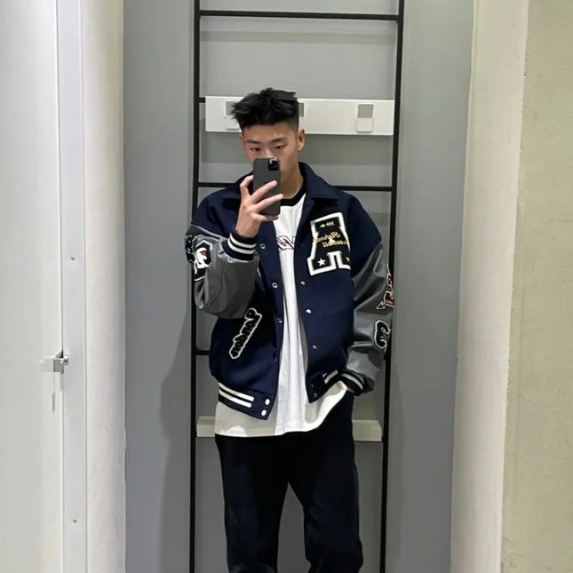 Men's Navy Blue Short Baseball Jacket Spring Autumn Embroidery Single Breasted Long Sleeves Turndown Collar Jackets Coat