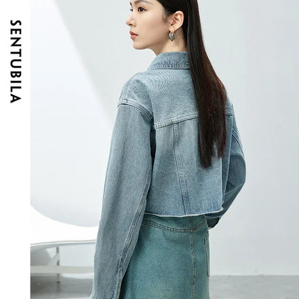 SENTUBILA 100% Cotton Washed Denim Jackets for Women 2025 Spring Casual Loose Turn Down Collar Fashion Short Jacket W41W54341