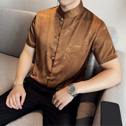 2024 Summer Chinese Style Standing Collar Shirts For Men Fashion Print Short Sleeve Slim Fit Casual Social Party Tuxedo 4XL-M