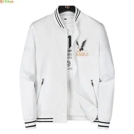 White Men's Embroidered Long Sleeve Jacket, Baseball Collar Casual Coat, Asian Size Black Blue Red Outerwear M-5XL