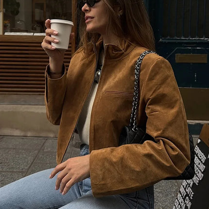 Suede Leather Short Jacket Coat Zipper Stand Collar Vintage Casual Motorcycle Jackets Baggy Front Shoulder Women Outwear Top New