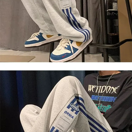 American Style High Street Pants Men's Fall Winter Trendy Brand Fleece-Lined Casual Sports Striped Waist-Defining Loose Fit Vers