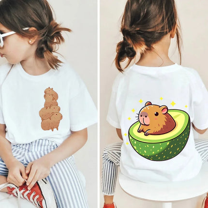 Kawaii Capybara Lovers Kids T-Shirt Short-Sleeved White T-Shirts Cartoon Tees Summer Children Top Crew Neck Children's Clothing