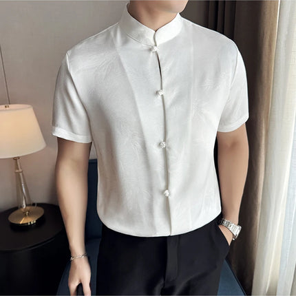 2024 Summer Chinese Style Standing Collar Shirts For Men Fashion Print Short Sleeve Slim Fit Casual Social Party Tuxedo 4XL-M