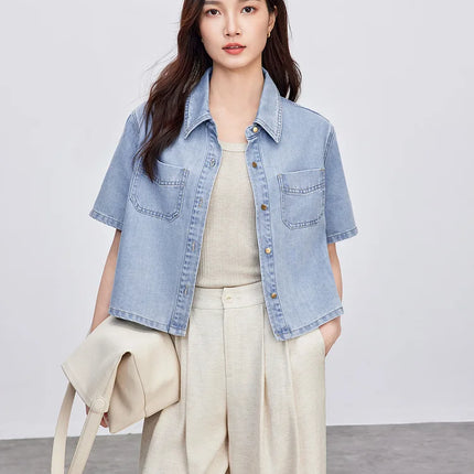 SENTUBILA Lyocell Denim Women Jackets 2025 Retro Fashion Short Streetwear Button Pockets Casual Female Outerwear W52W59414