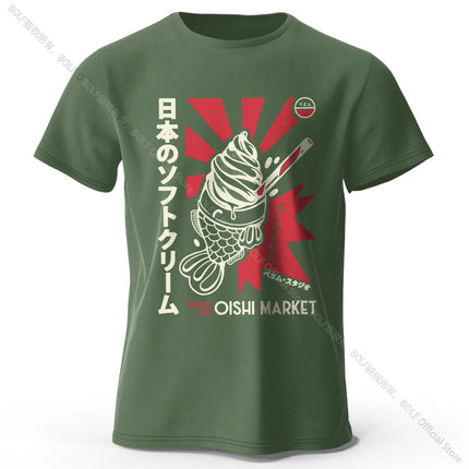 Japanese Foodie Print 100% Cotton T-Shirt, Soft & Breathable Round Neck Short Sleeve Tee, Unisex Cute & Cultural Style