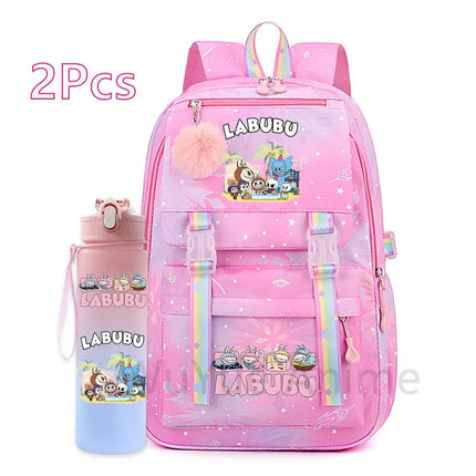 2Pcs/set Cute Cartoon Backpack with 750Ml Outdoor Sports Water Bottle Student Girl Boy Schoolbag Large Capacity Travel Bag Gift