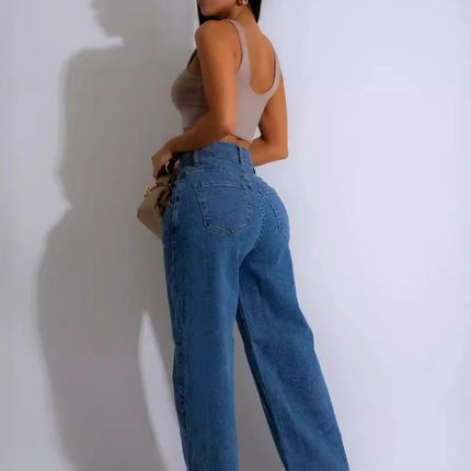 Jeans Women Long Pants Denim Wide Leg Pant Slim Fit Casual Y2k Streetwear Button Pocket High Waist Elegant Straight Trousers