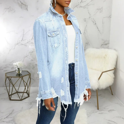 Women Jeans Jackets Spring Summer Ripped Denim Vintage Casual Denim Jacket Long Sleeve Female Chic Coat Streetwear 2024