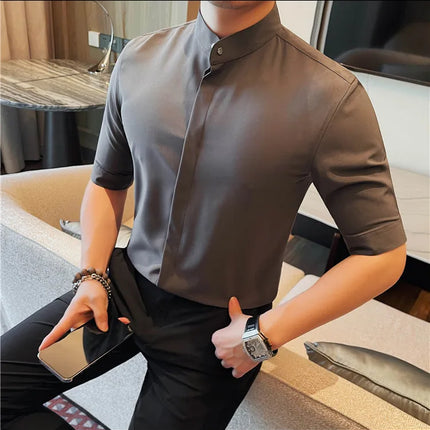 Summer New Standing Collar Half Sleeve Shirts For Men Invisible Button Up Design Slim Casual Business Social Shirt Club Outfits