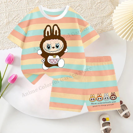 2pcs Labubu T-shirts Shorts Set for Children Pop Mart Fashion Striped Short Sleeved Shorts Suit Boys Girls Summer Clothes Suits