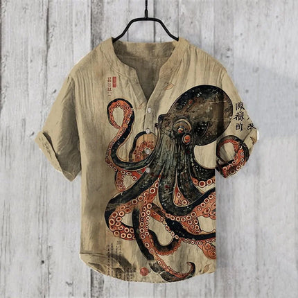 Cross-border foreign trade men's summer 3D printed octopus print shirt casual loose linen short-sleeved shirt T-shirt