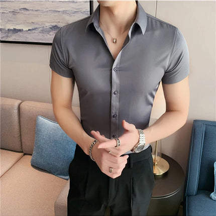 Summer Men Fashion Casual Short Sleeve Solid Shirt Super Slim Fit Male Social Business Dress Shirt Brand Men Casual Dress Blouse
