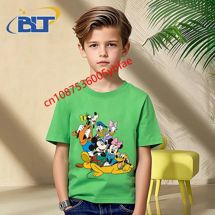 Disney Mickey Mouse and Friends print kids T-shirt pure cotton short-sleeved green top cartoon children's clothing for boys