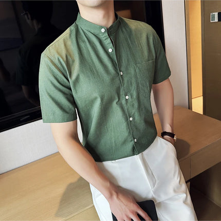 Summer New Chinese Style Linen Cotton Shirts Men's Standing Collar Short Sleeved Thin Breathable Shirt Tops Streetwear 4XL-M